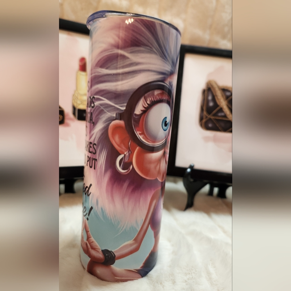 Colorful Cartoon Older Woman Character Doing YOGA Tumbler. Hand Crafted 20oz - Picture 3 of 7